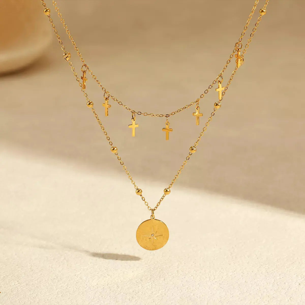 18K Gold-Plated Cross Double Layered Pendant Necklace - SmileBen