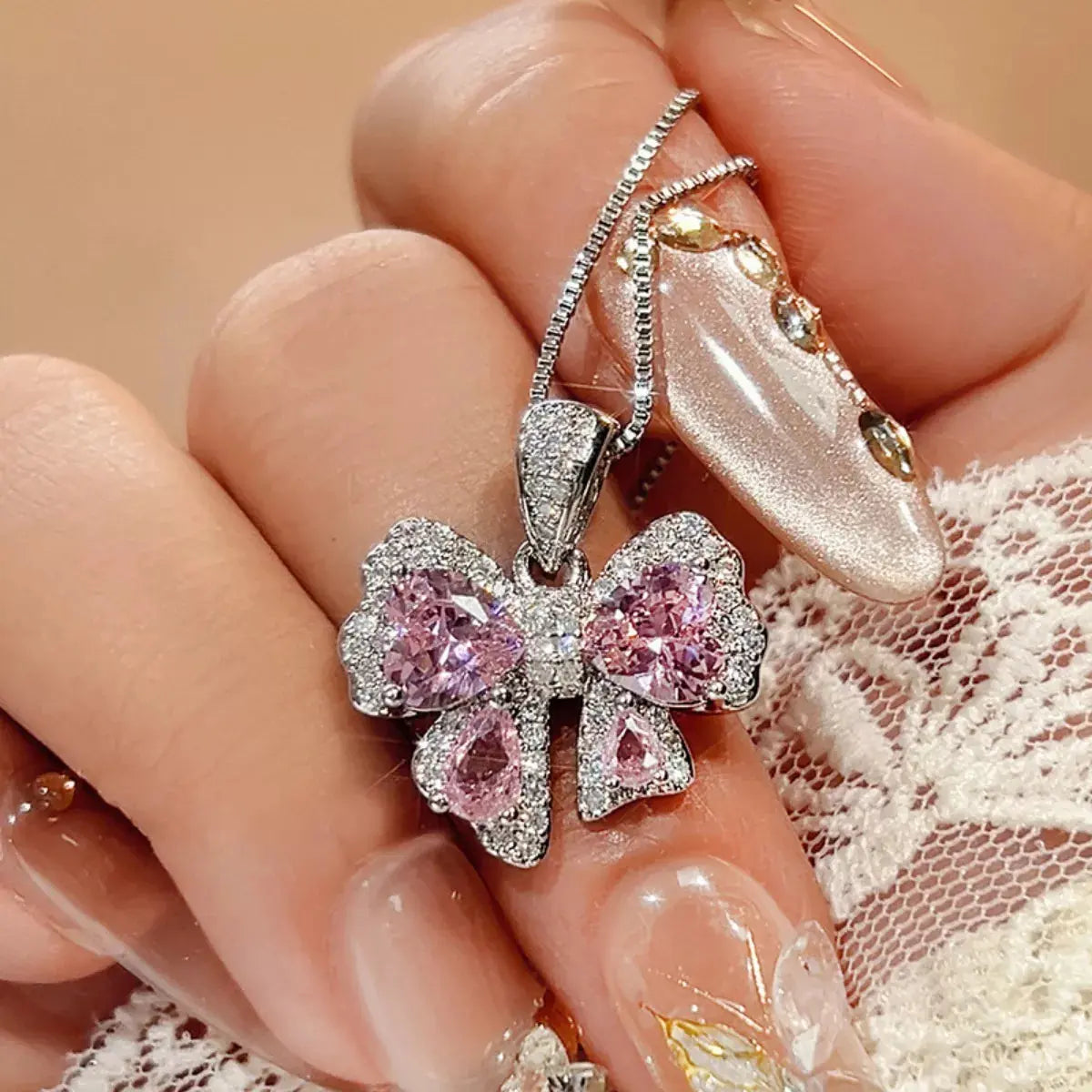 Zircon Bow Pendant Necklace - SmileBen