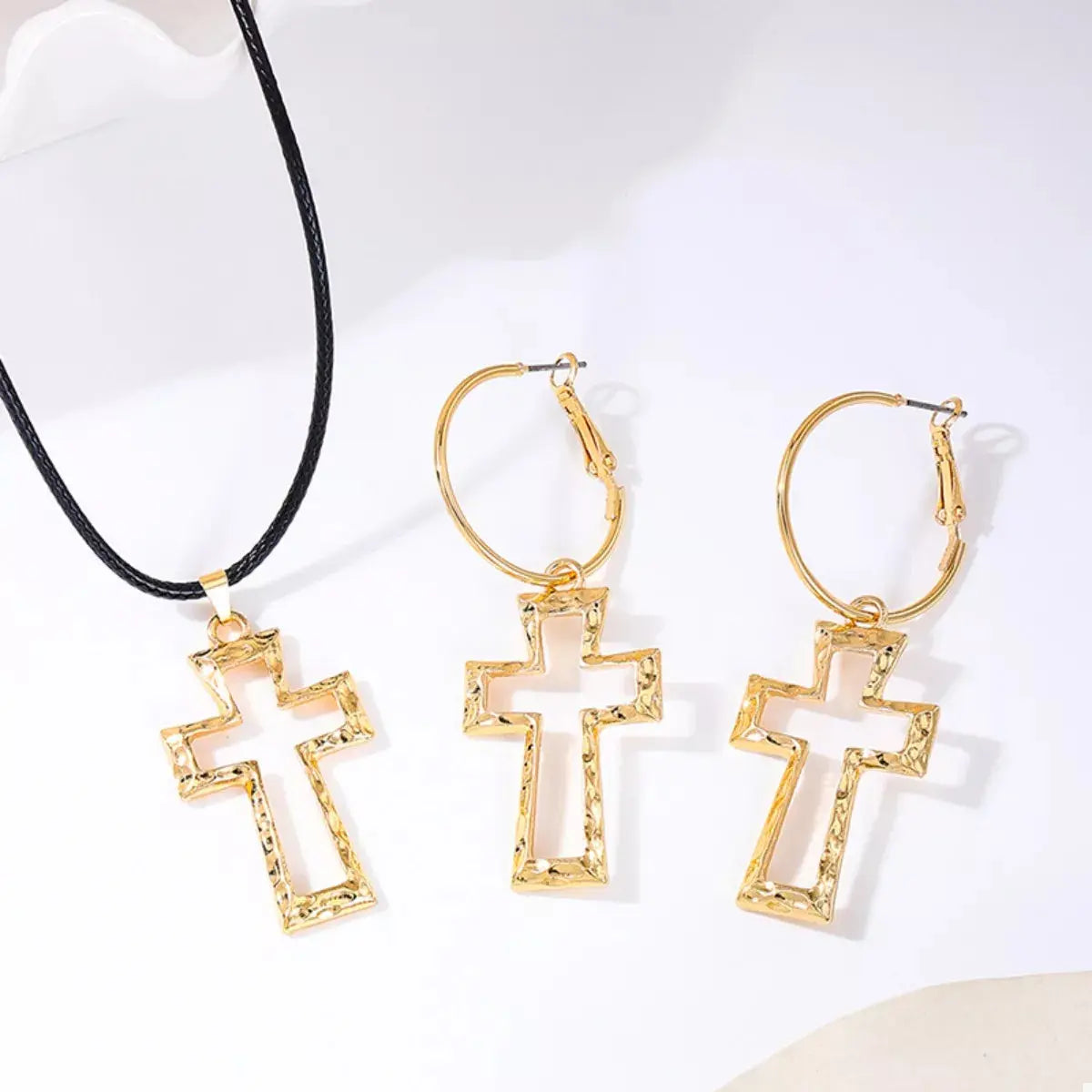 Cross Pendant Necklace & Hoop Earrings Jewelry Set - SmileBen
