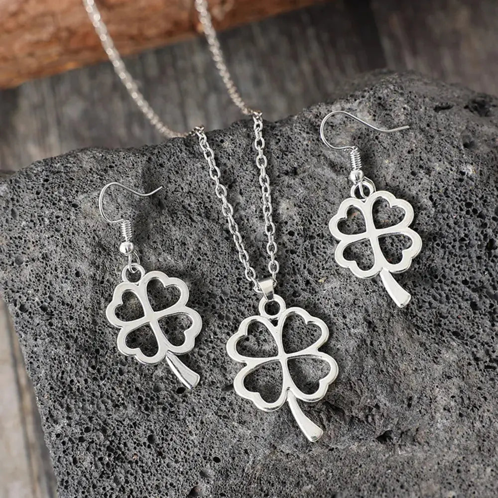 Lucky Clover Alloy Earrings and Necklace Jewelry Set - SmileBen
