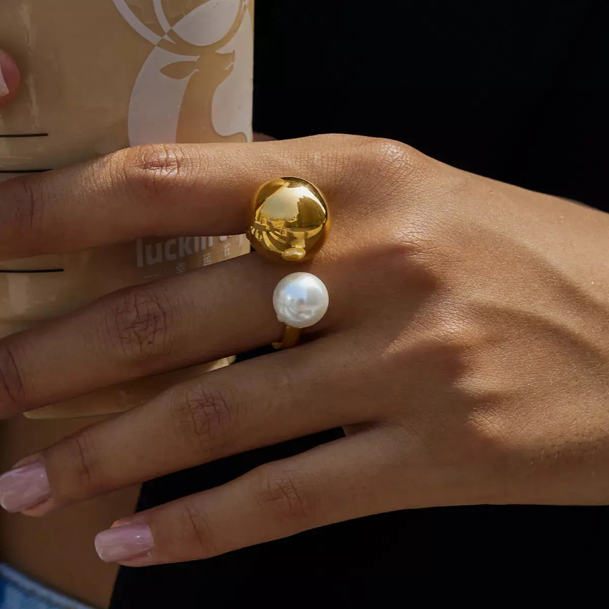 18K Gold-Plated Orb & Pearl Open Ring - SmileBen