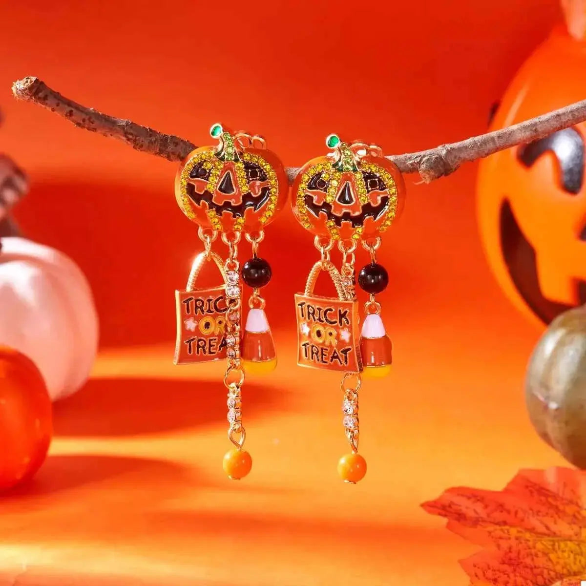 Halloween Rhinestone Pumpkin Drop Earrings