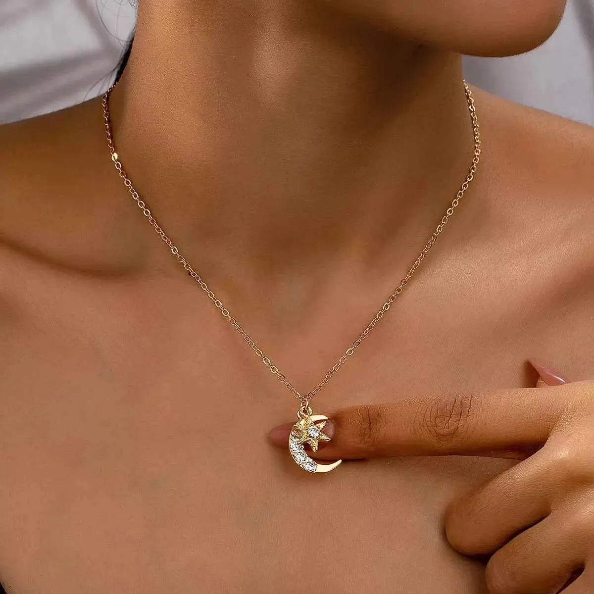18K Gold-Plated Rhinestone Star & Moon Necklace
