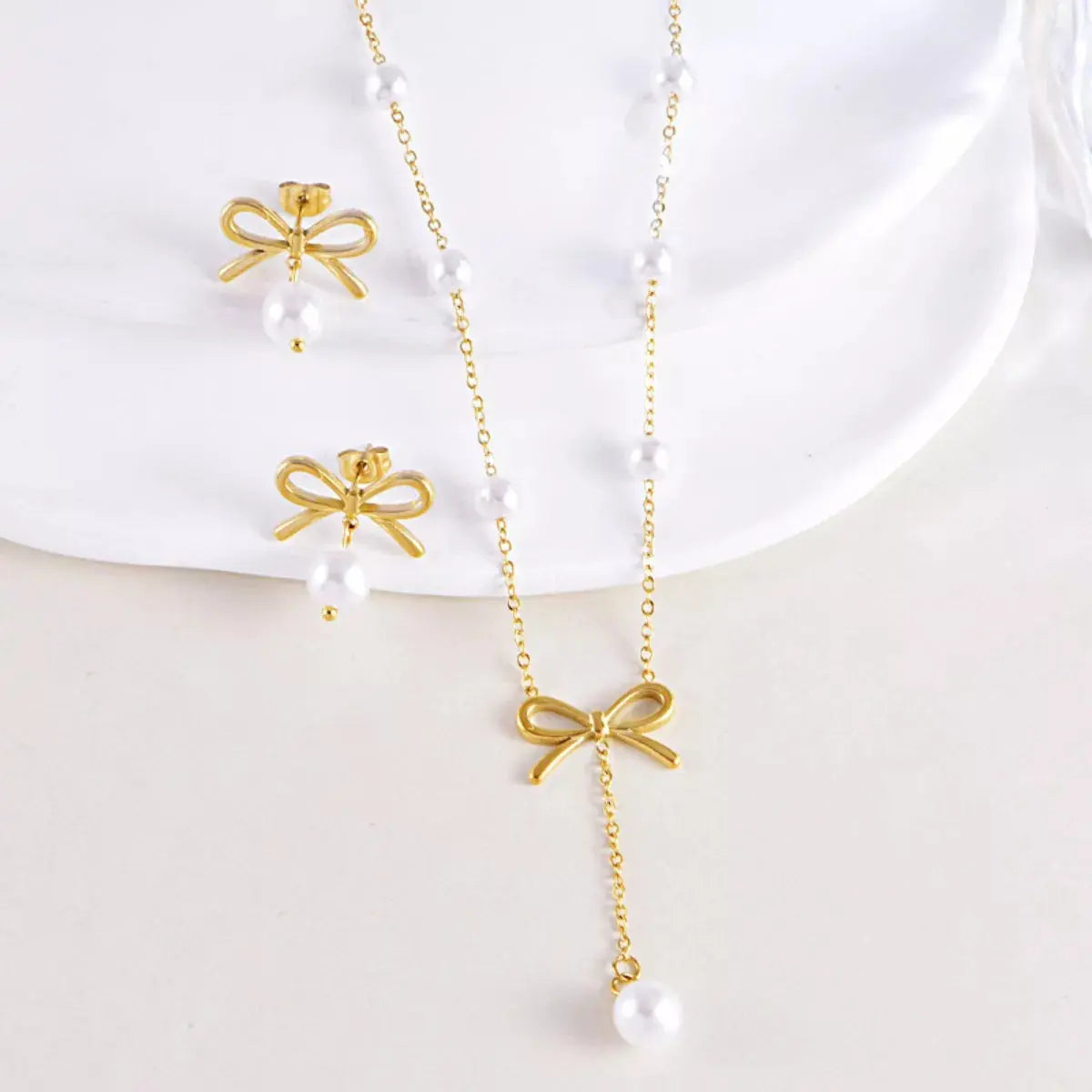 18K Gold-Plated Bowknot Pearl Jewelry Set - SmileBen