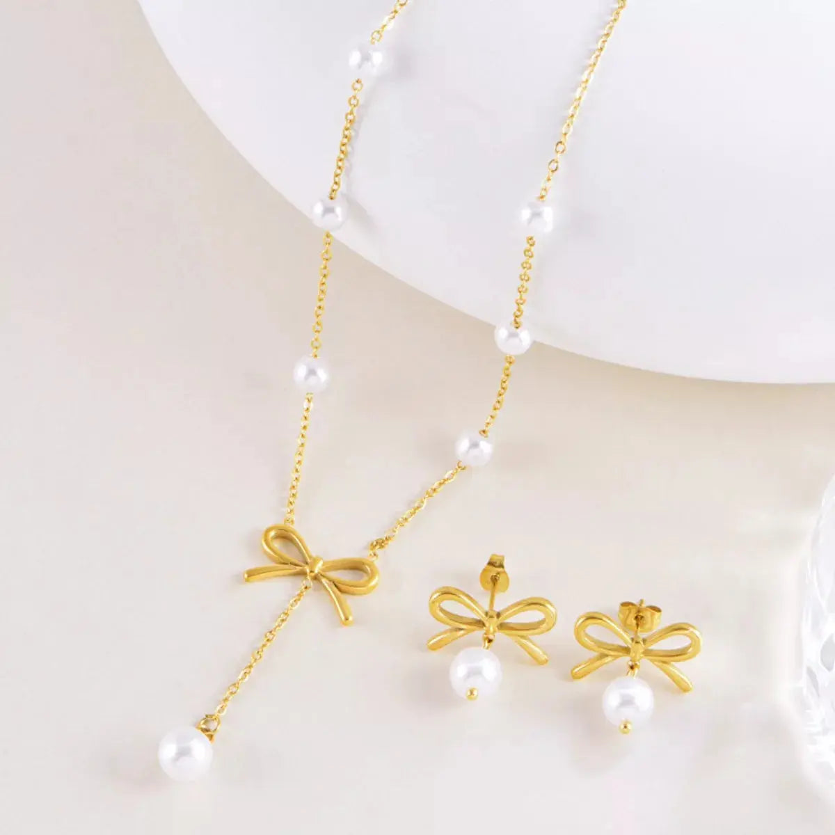 18K Gold-Plated Bowknot Pearl Jewelry Set - SmileBen