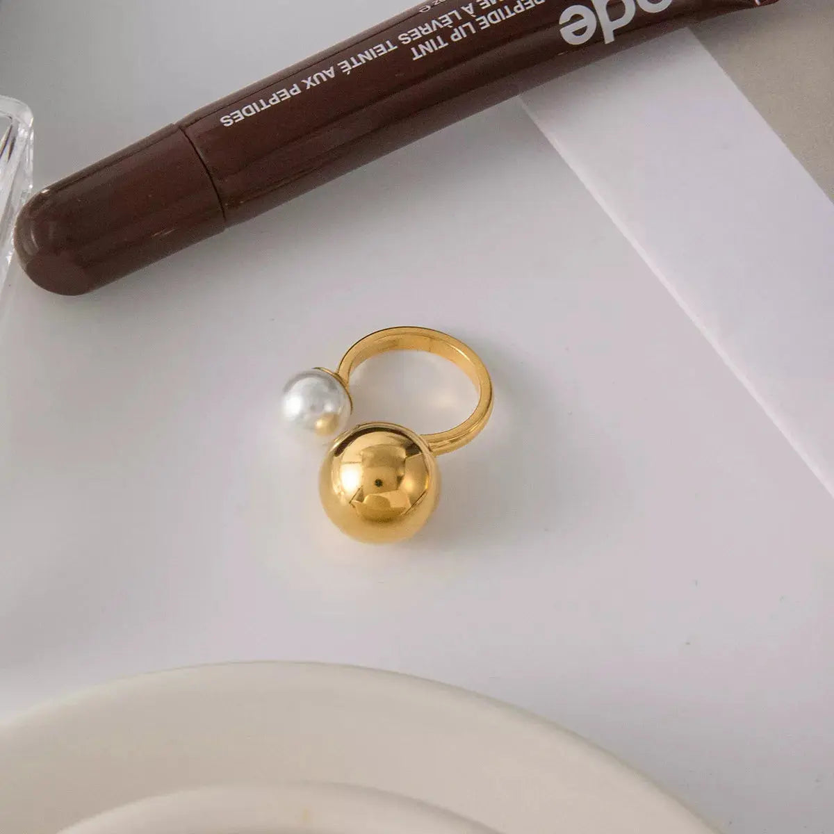 18K Gold-Plated Orb & Pearl Open Ring - SmileBen