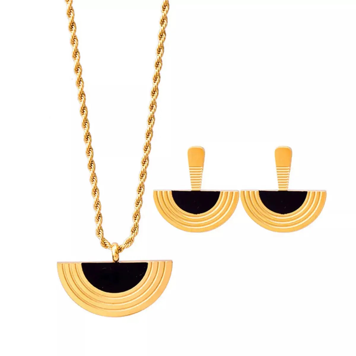 Geometric Half-Circle 18K Gold Plated Necklace Ring and Earrings Jewelry Set - SmileBen