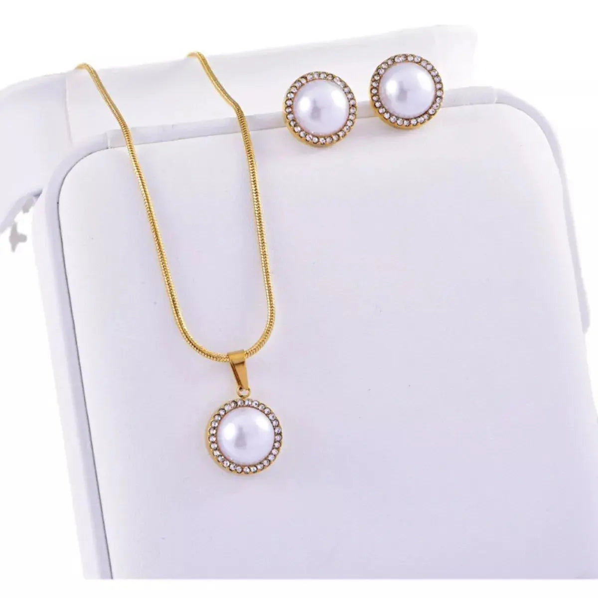 Synthetic Pearl 18K Gold-Plated Rhinestone Necklace and Earrings Jewelry Set - SmileBen