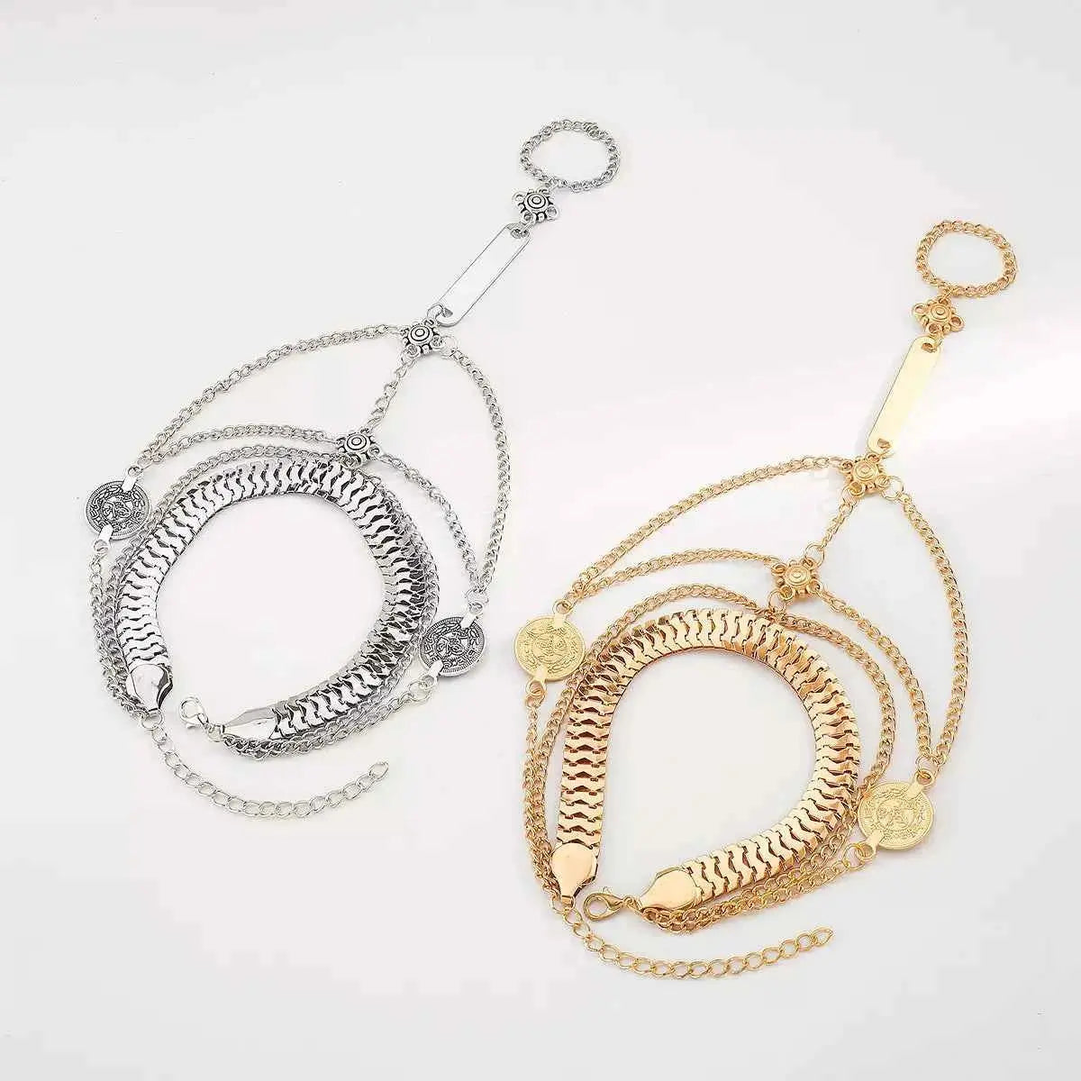 Multi Layered Chain Bracelet with Finger Ring