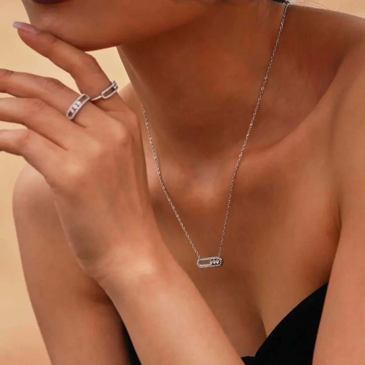 Moving Crystal Bar Necklace and Ring Jewelry Set - SmileBen
