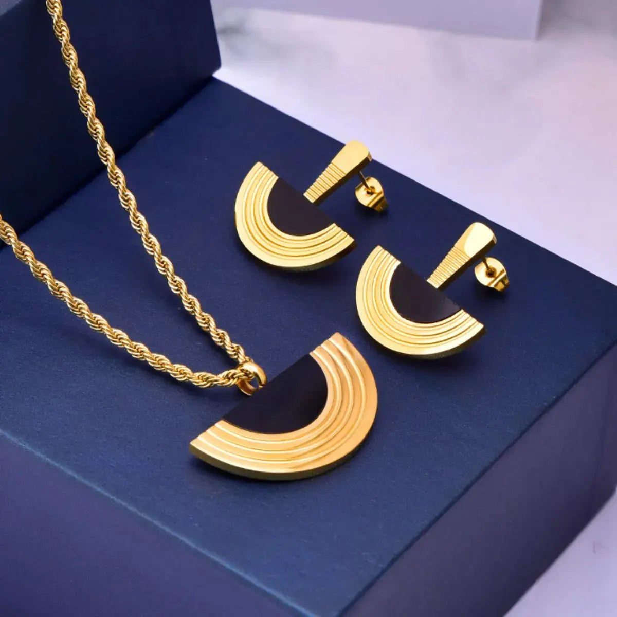 Geometric Half-Circle 18K Gold Plated Necklace Ring and Earrings Jewelry Set - SmileBen