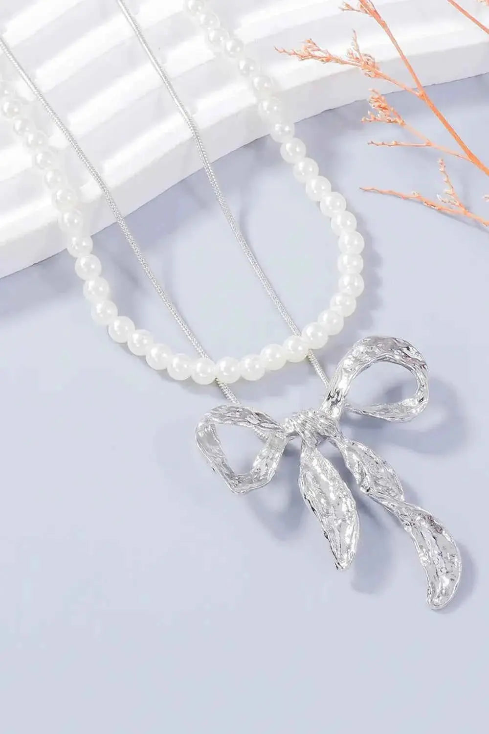 Synthetic Pearl Necklace, Bow Necklace and Bow Earrings Jewelry Set