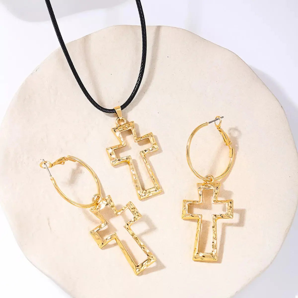 Cross Pendant Necklace & Hoop Earrings Jewelry Set - SmileBen