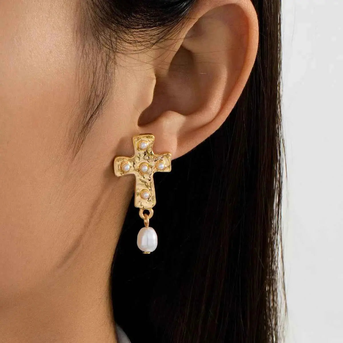 18K Gold-Plated Synthetic Pearl Cross Drop Earrings - SmileBen