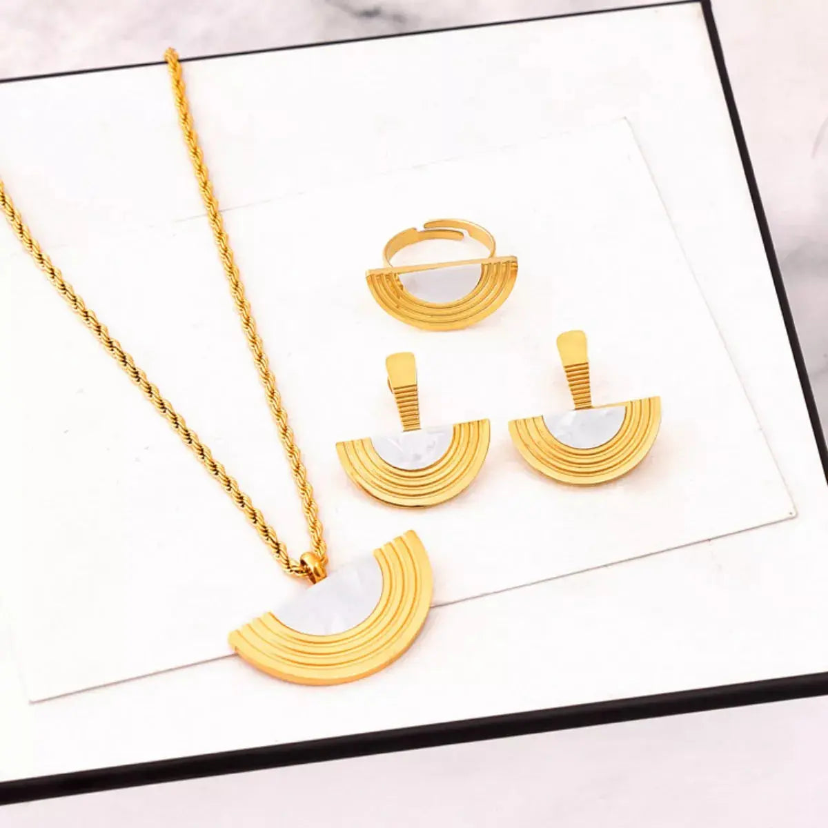Geometric Half-Circle 18K Gold Plated Necklace Ring and Earrings Jewelry Set - SmileBen