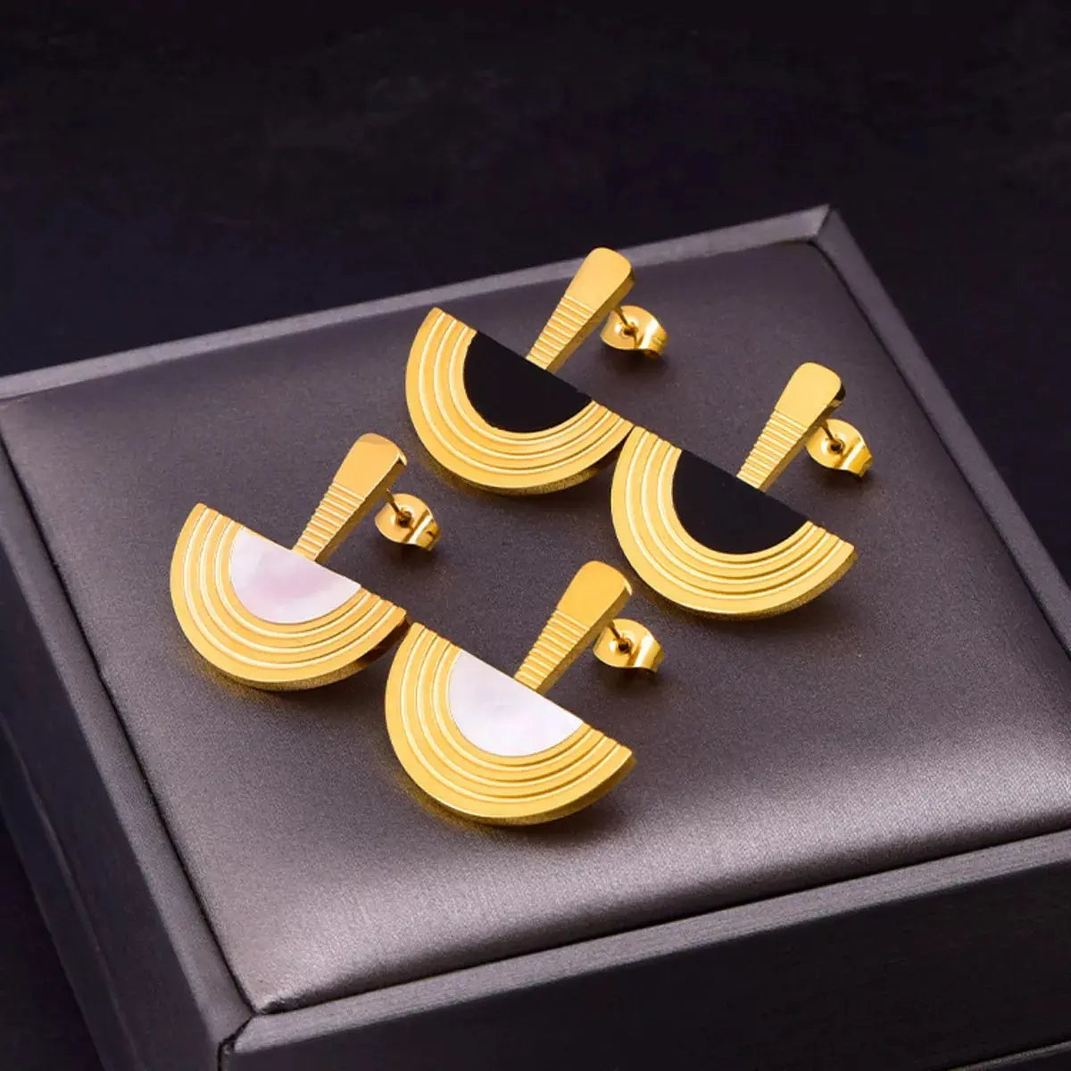 Geometric Half-Circle 18K Gold Plated Necklace Ring and Earrings Jewelry Set - SmileBen