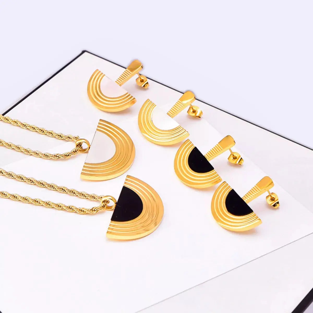 Geometric Half-Circle 18K Gold Plated Necklace Ring and Earrings Jewelry Set - SmileBen