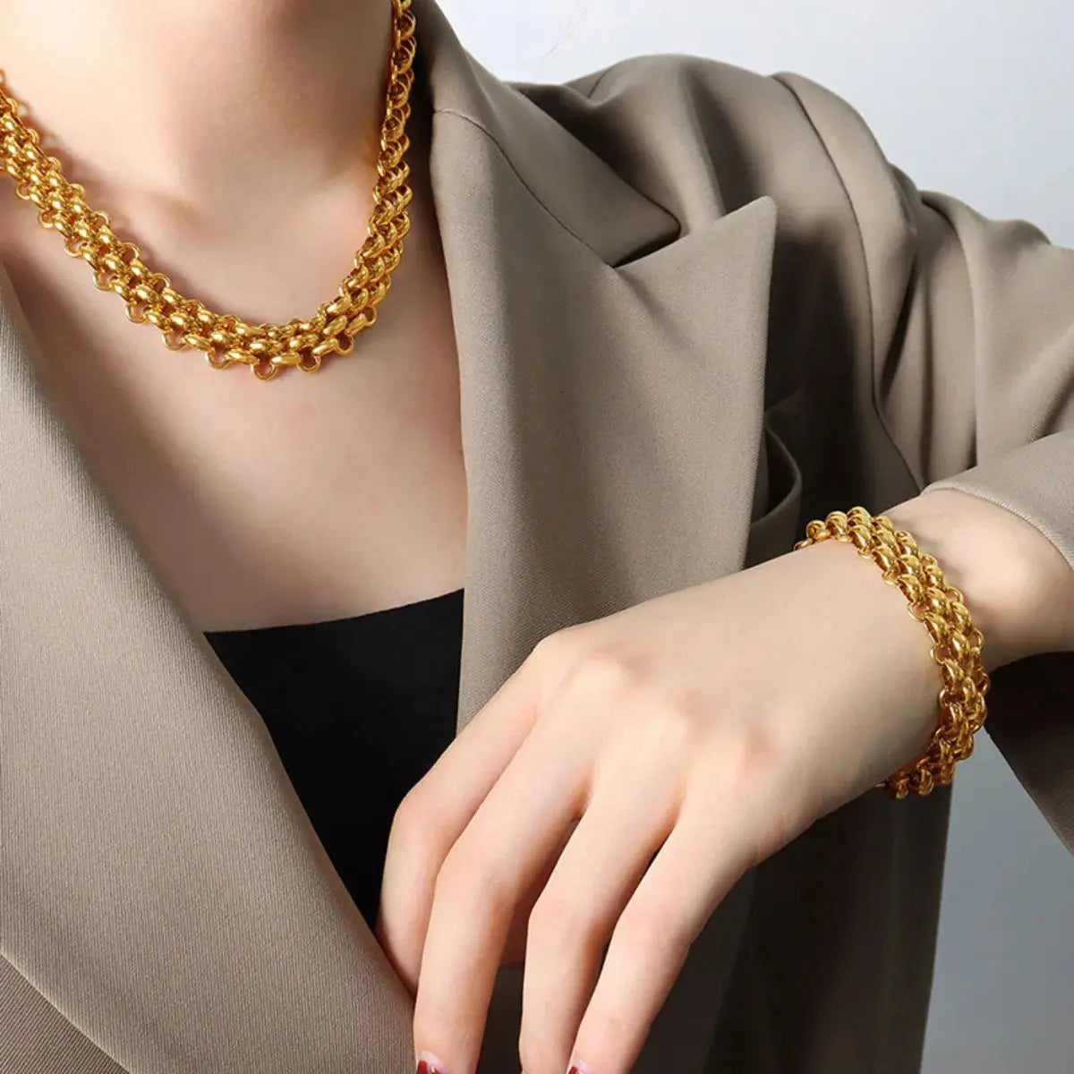 Gold Chain Link Jewelry Set with Necklace and Bracelet - SmileBen