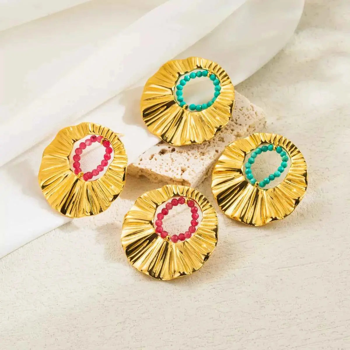 18K Gold-Plated Bead Round Earrings