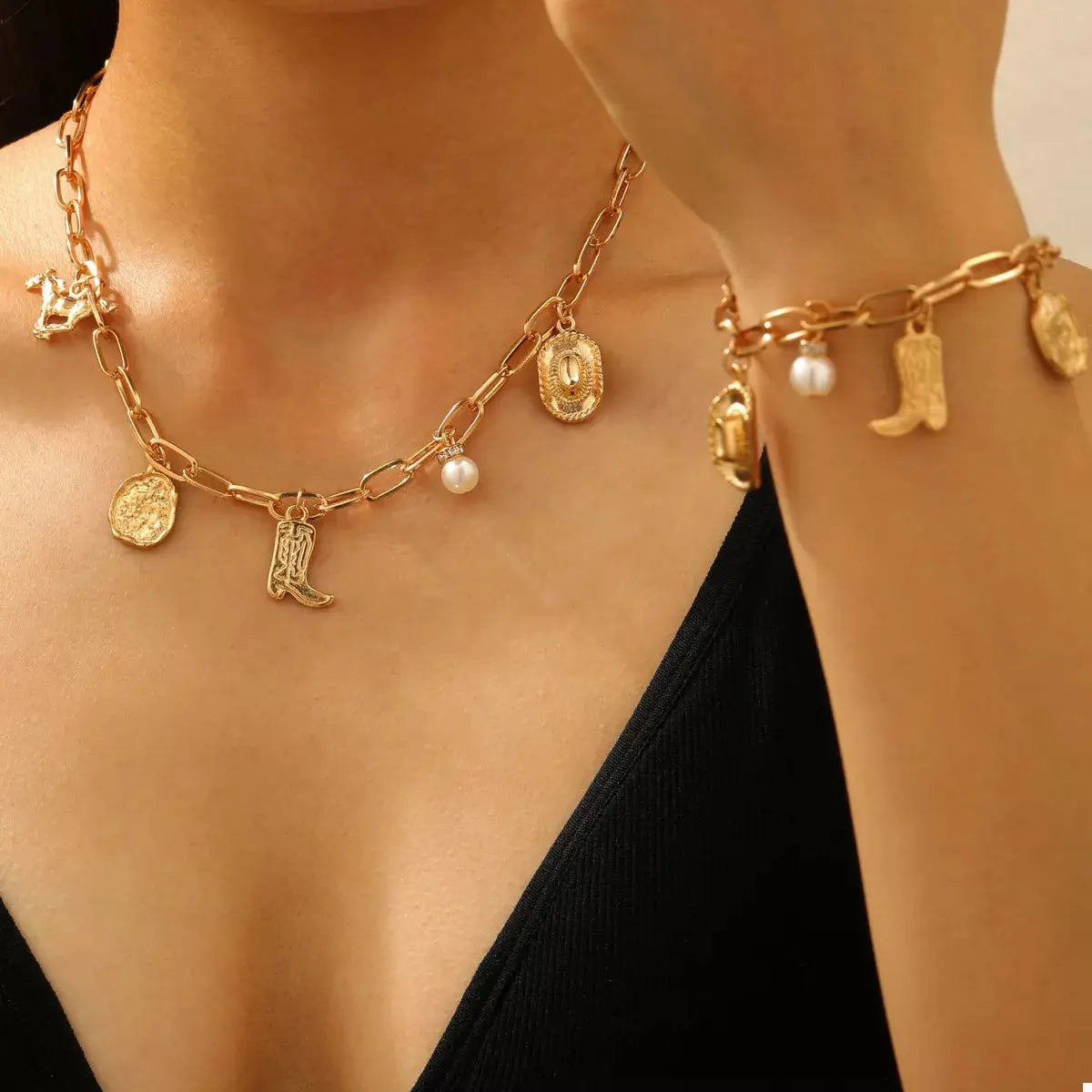 18K Gold-Plated Charm Necklace and Bracelet Jewelry Set - SmileBen