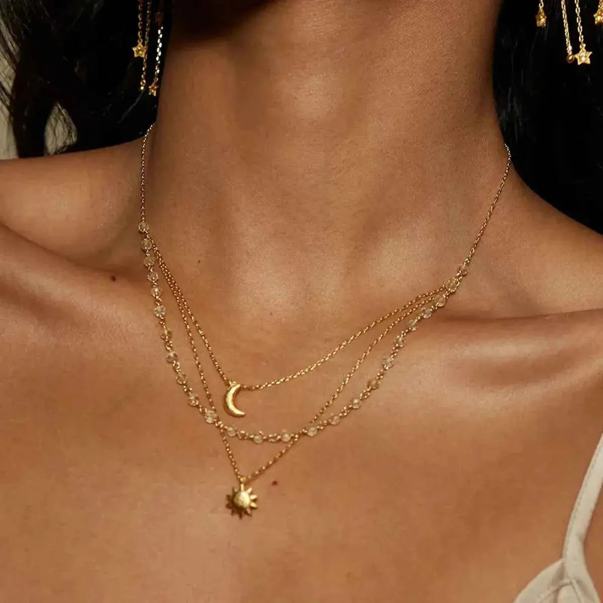 18K Gold-Plated Layered Moon Sun Pendant Necklace