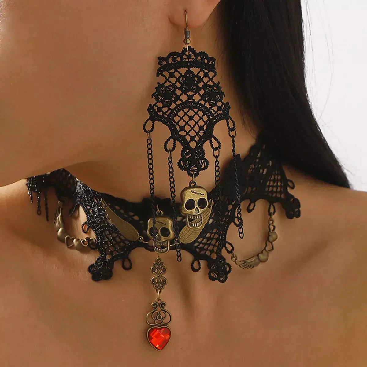 Halloween Lace Skull Necklace and Earrings Jewelry Set - SmileBen