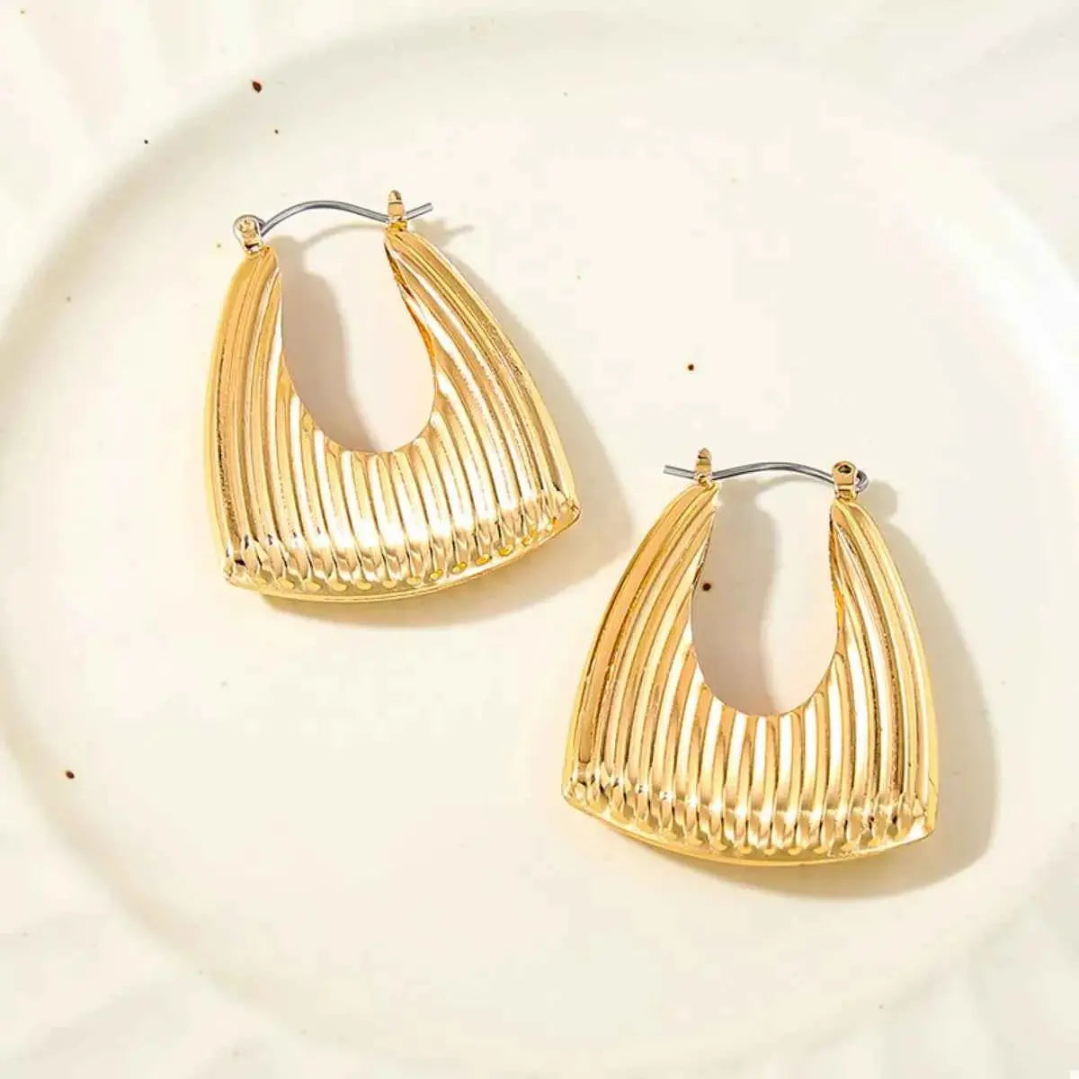 18K Gold-Plated Alloy Ribbed Triangular Hoop Earrings