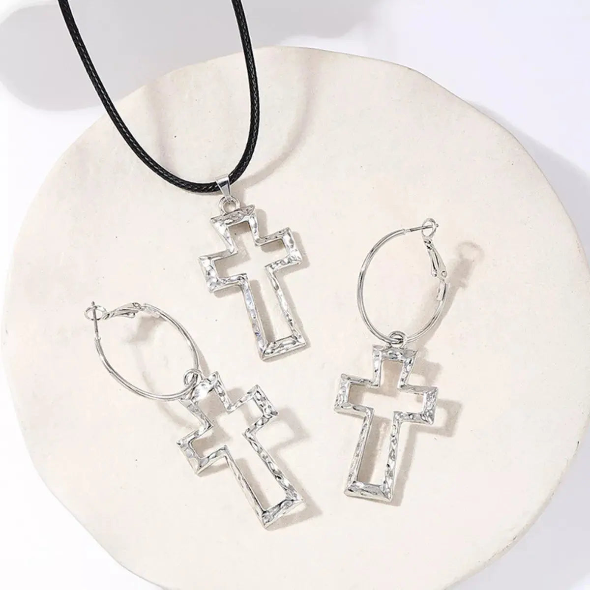 Cross Pendant Necklace & Hoop Earrings Jewelry Set - SmileBen