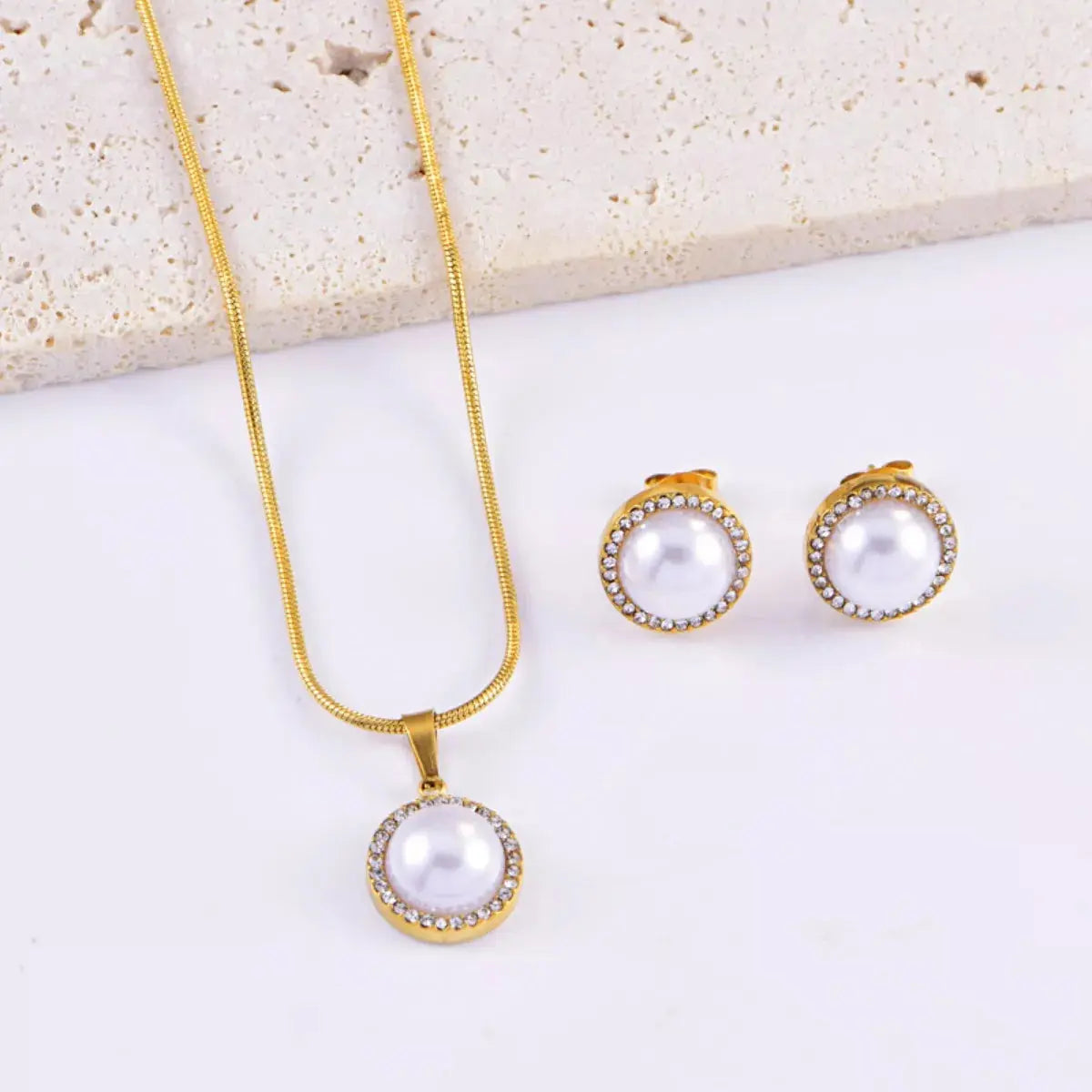 Synthetic Pearl 18K Gold-Plated Rhinestone Necklace and Earrings Jewelry Set - SmileBen