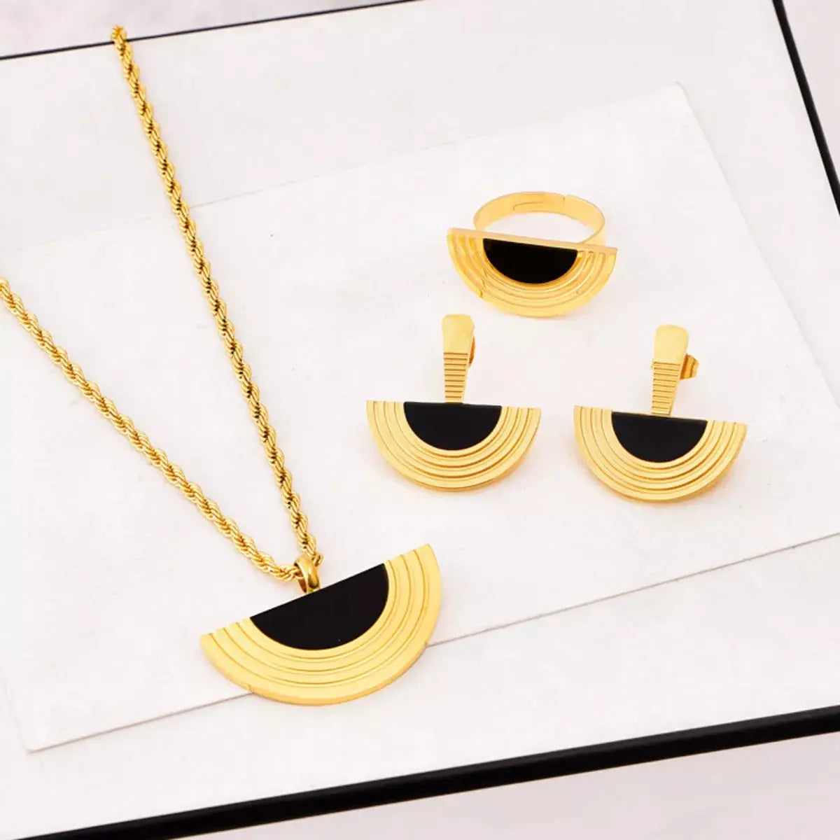 Geometric Half-Circle 18K Gold Plated Necklace Ring and Earrings Jewelry Set - SmileBen