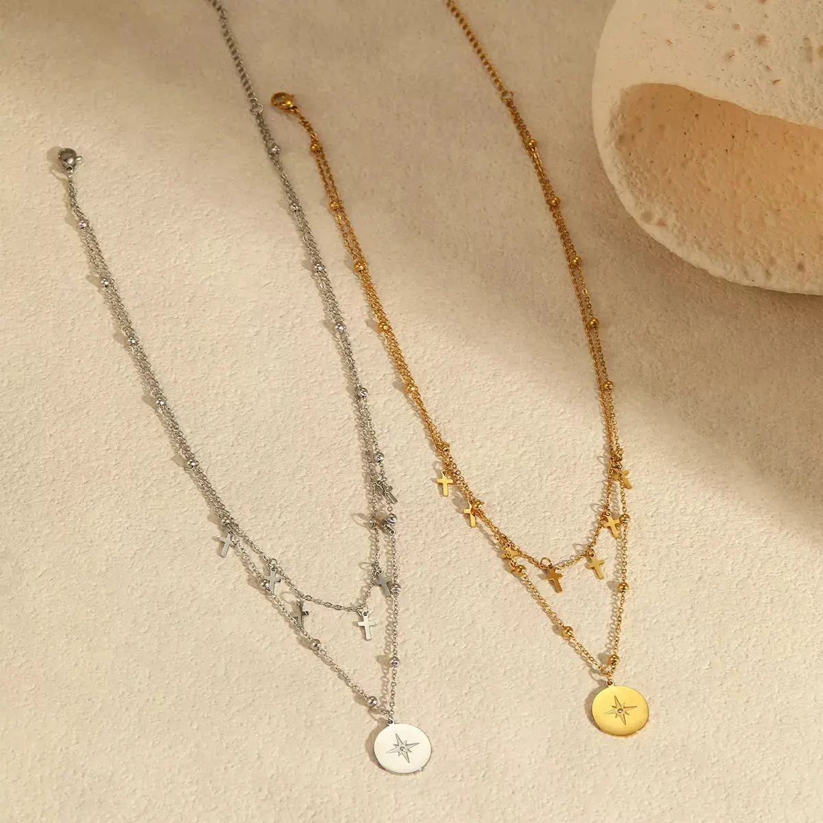 18K Gold-Plated Cross Double Layered Pendant Necklace - SmileBen