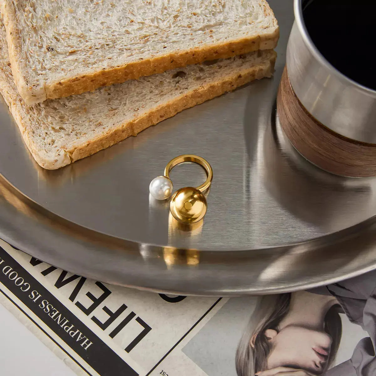 18K Gold-Plated Orb & Pearl Open Ring - SmileBen