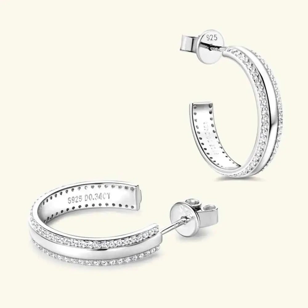 925 Sterling Silver Inlaid Moissanite C - Hoop Earrings - SmileBen