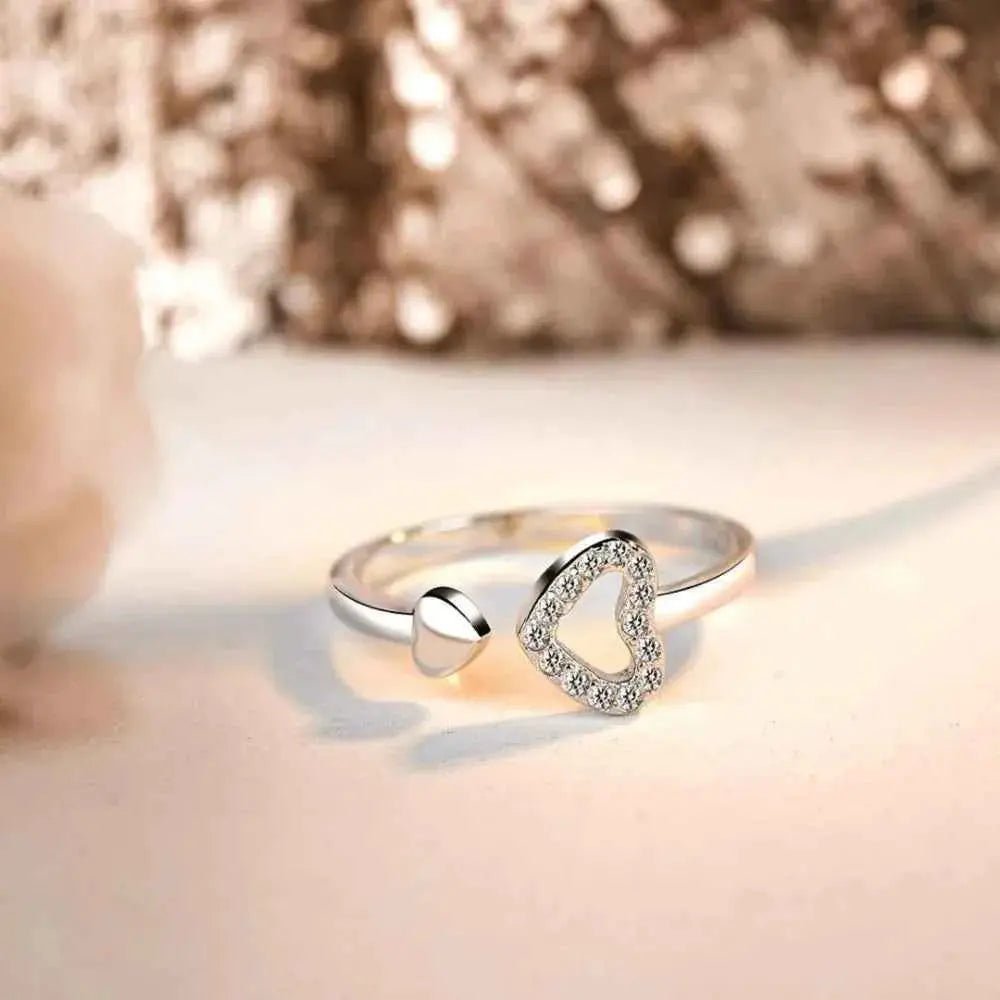 925 Sterling Silver Inlaid Zircon Heart Open Ring - SmileBen