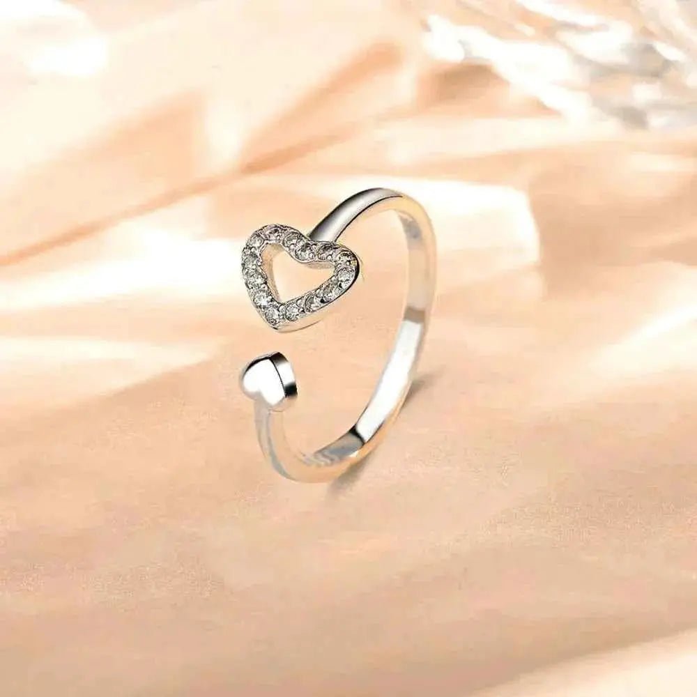 925 Sterling Silver Inlaid Zircon Heart Open Ring - SmileBen