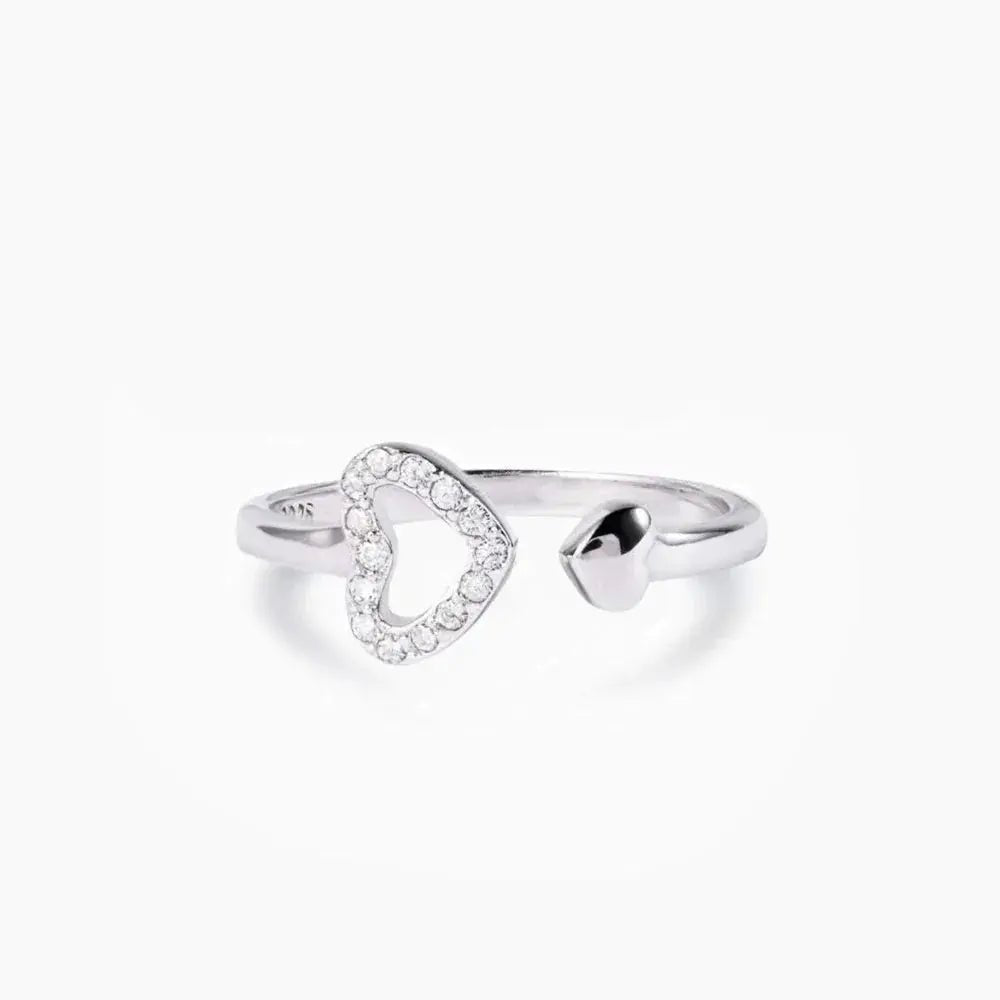 925 Sterling Silver Inlaid Zircon Heart Open Ring - SmileBen