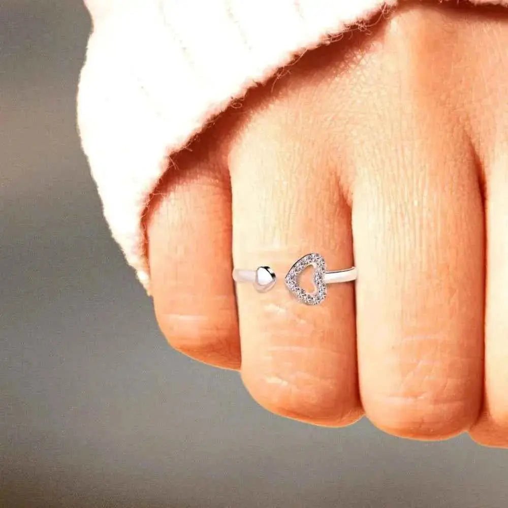 925 Sterling Silver Inlaid Zircon Heart Open Ring - SmileBen
