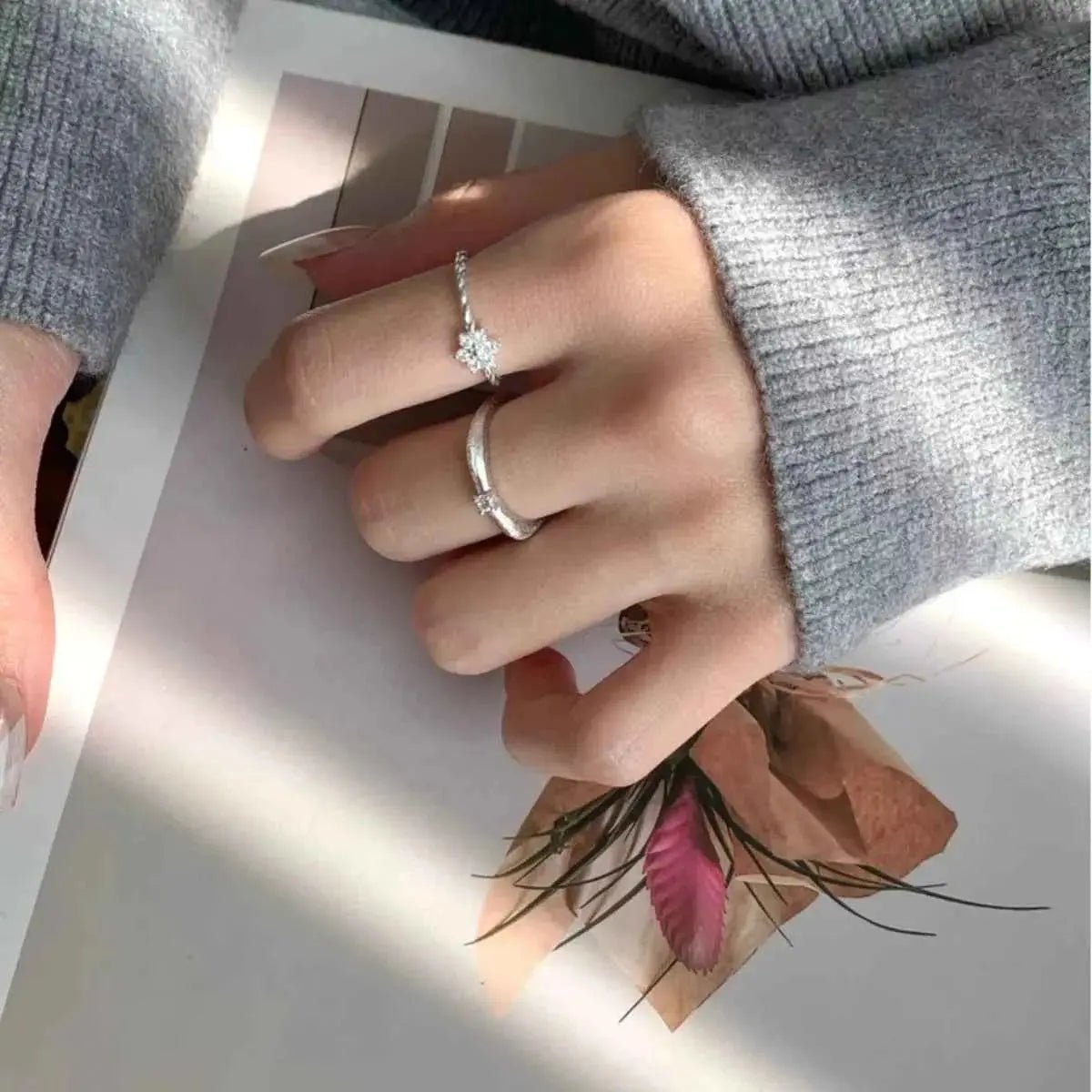 925 Sterling Silver Zircon Flower Open Ring - SmileBen