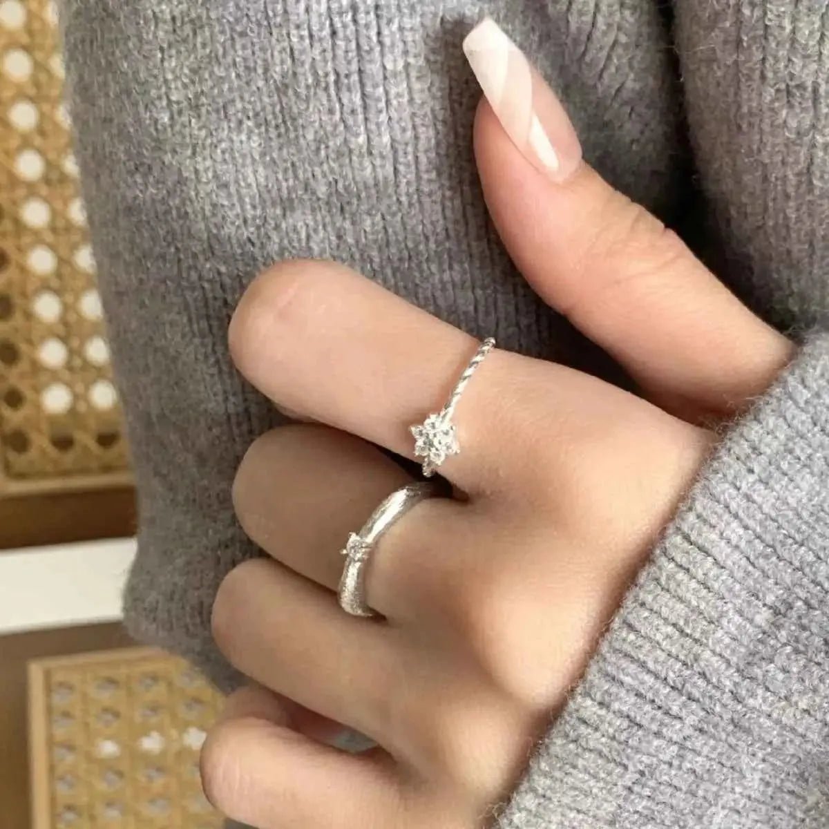 925 Sterling Silver Zircon Flower Open Ring - SmileBen