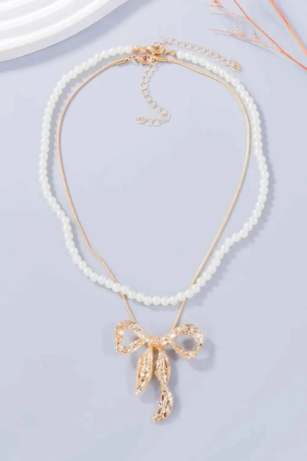 Synthetic Pearl Necklace, Bow Necklace and Bow Earrings Jewelry Set