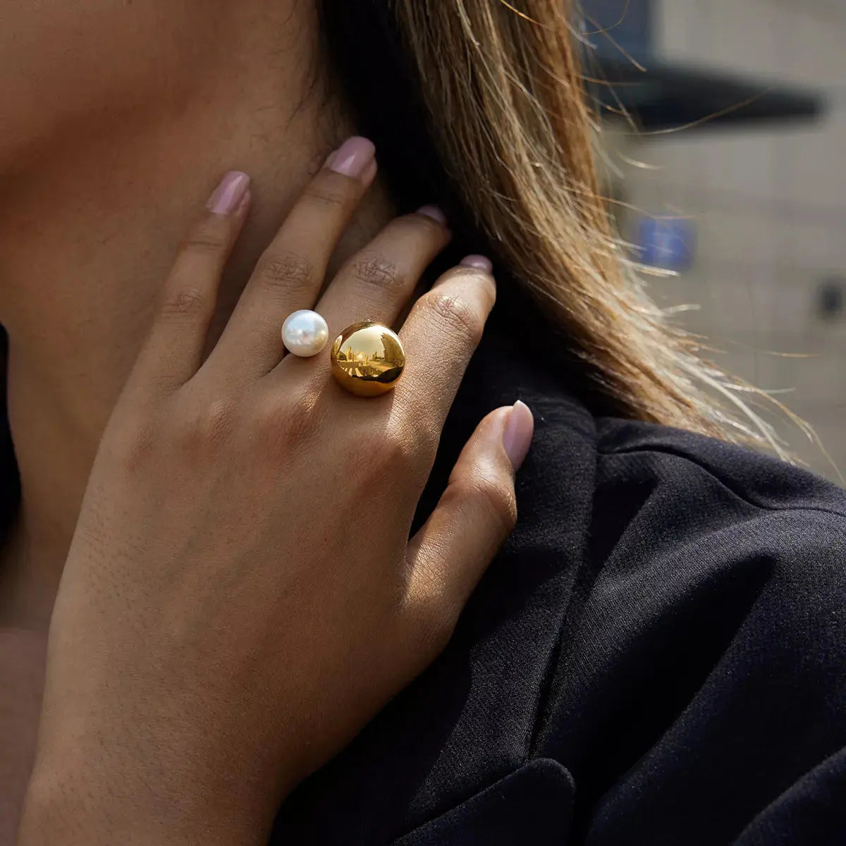 18K Gold-Plated Orb & Pearl Open Ring - SmileBen