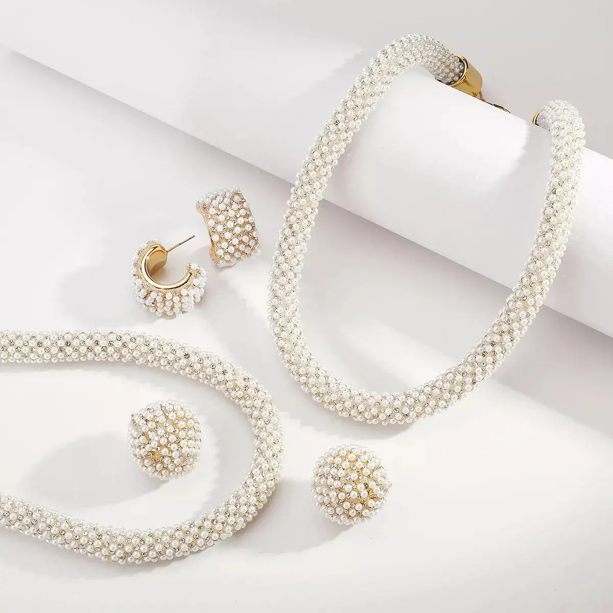 Pearl Embellished Earrings and Necklace Jewelry Set - SmileBen