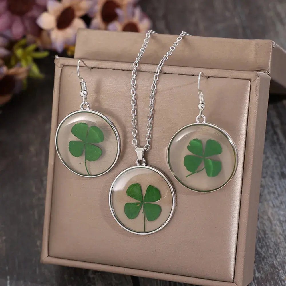 Lucky Clover Alloy Acrylic Earrings and Necklace Jewelry Set - SmileBen
