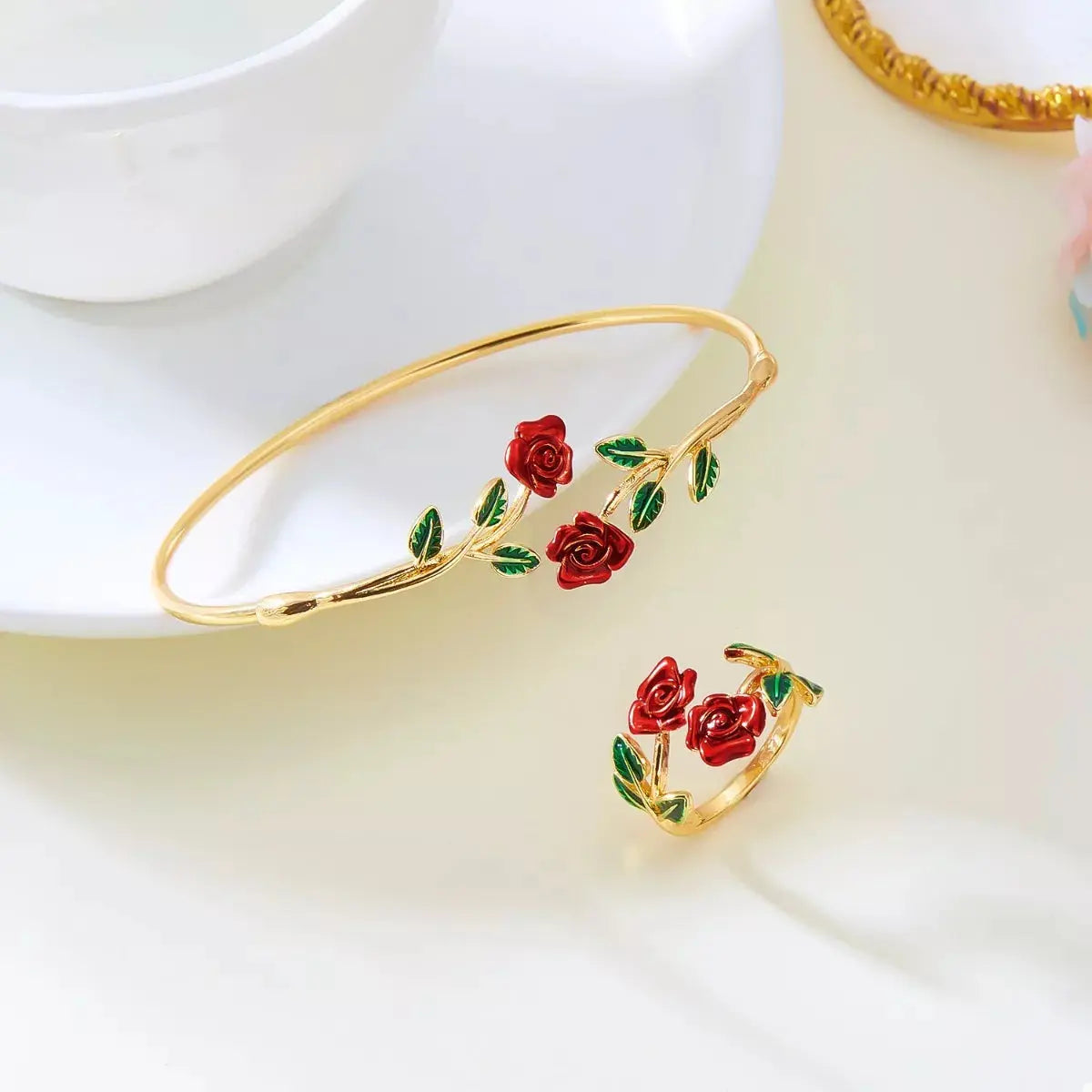 Rose Bypass Ring and Bracelet Jewelry Set - SmileBen