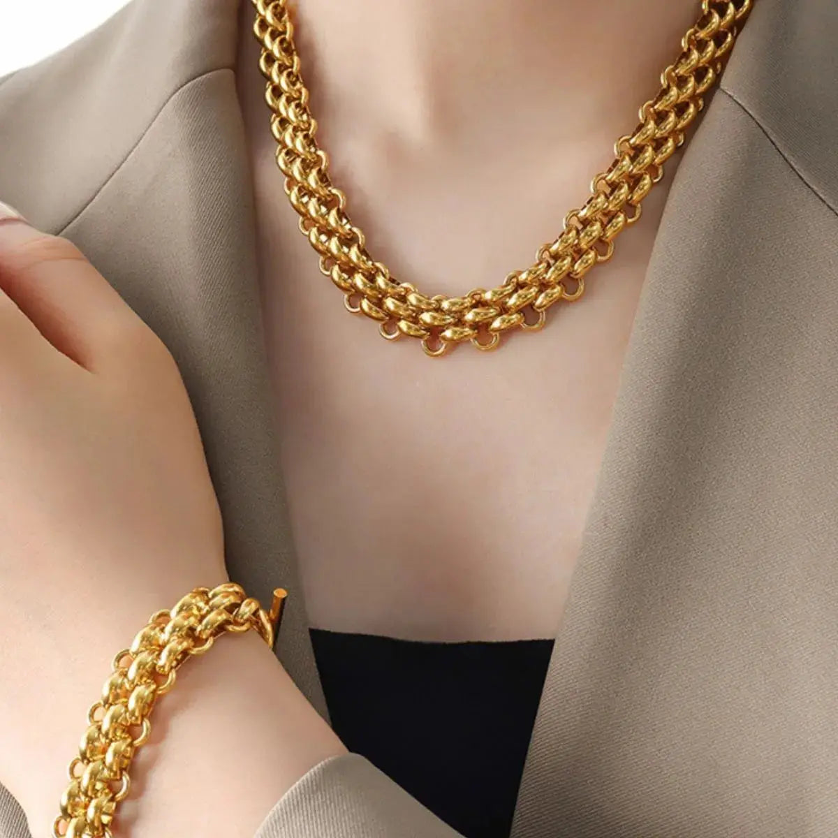 Gold Chain Link Jewelry Set with Necklace and Bracelet - SmileBen