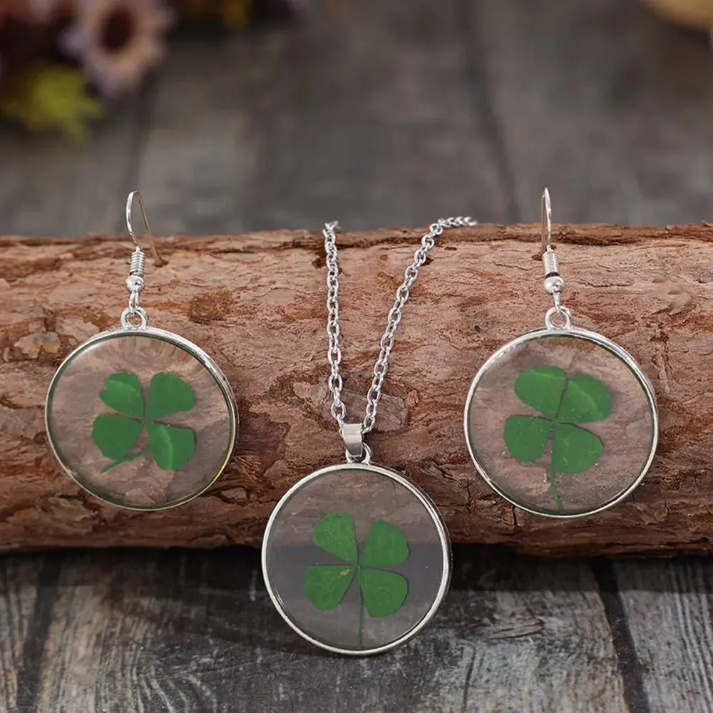 Lucky Clover Alloy Acrylic Earrings and Necklace Jewelry Set - SmileBen