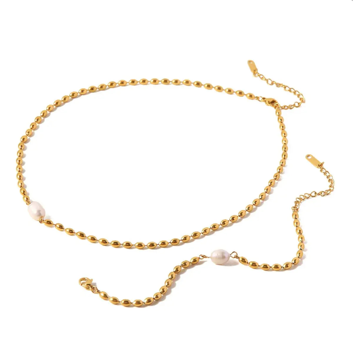 Pearl and Gold Chain Jewelry Set with Necklace and Bracelet - SmileBen