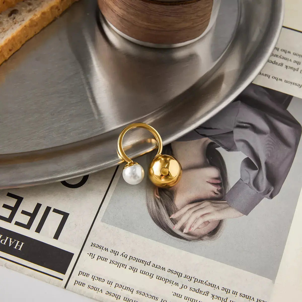 18K Gold-Plated Orb & Pearl Open Ring - SmileBen
