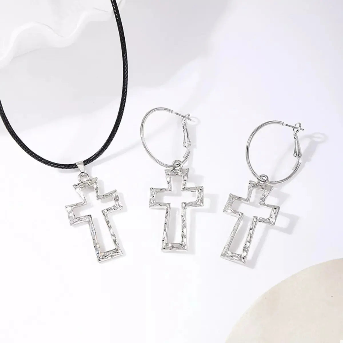 Cross Pendant Necklace & Hoop Earrings Jewelry Set - SmileBen