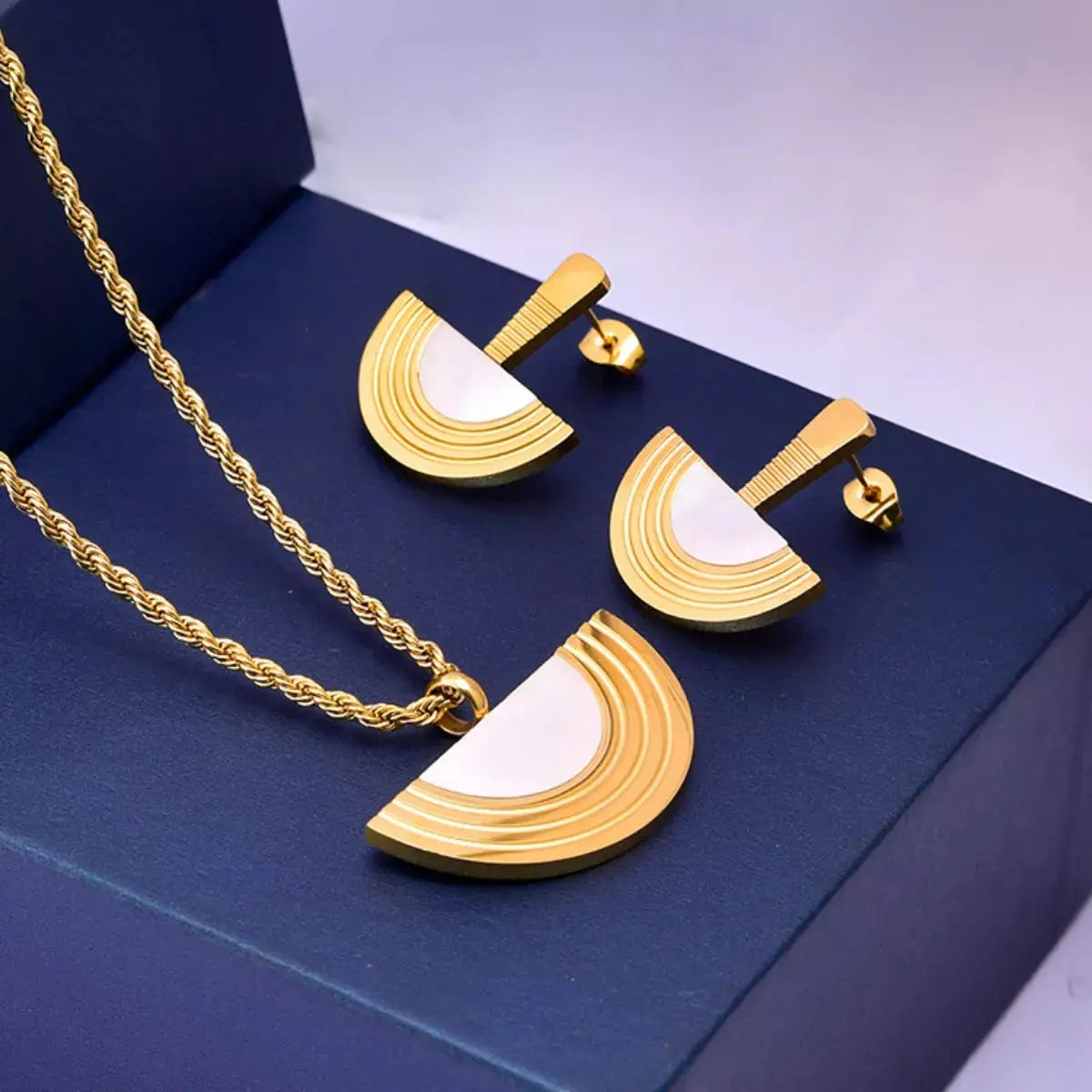 Geometric Half-Circle 18K Gold Plated Necklace Ring and Earrings Jewelry Set - SmileBen